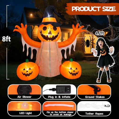 8FT Halloween Inflatable Pumpkin Scarecrow Outdoor Decoration with LED Lights