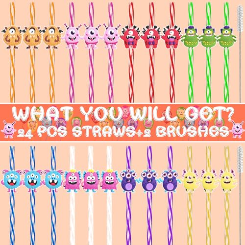 Reusable Monster Drinking Straws Set - 24 Colorful Kid & Party Favours