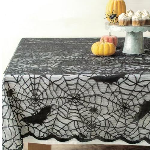 Halloween Lace Tablecloth 70x52 Inch Black Bat Spider Web Gothic Decor for Fall Parties