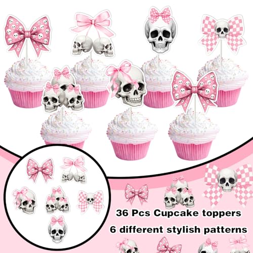 36pcs Gothic Birthday Cupcake Toppers - Pink Bow Skull Decorations for Halloween & Party