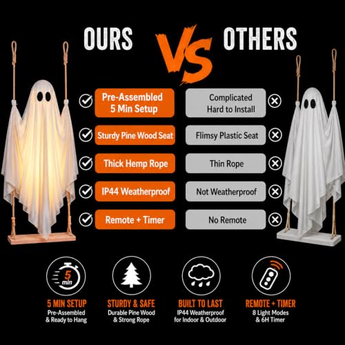 5FT Outdoor Hanging Ghost Swing Decor with Lights and Remote Timer
