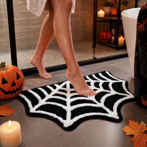 Moutina Spider Web Gothic Bathroom Rug 20x31 Inch Black Halloween Decor