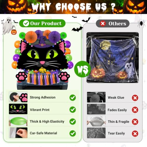 Halloween Car Decorations Kit with Black Cat Banner & Festive Accessories