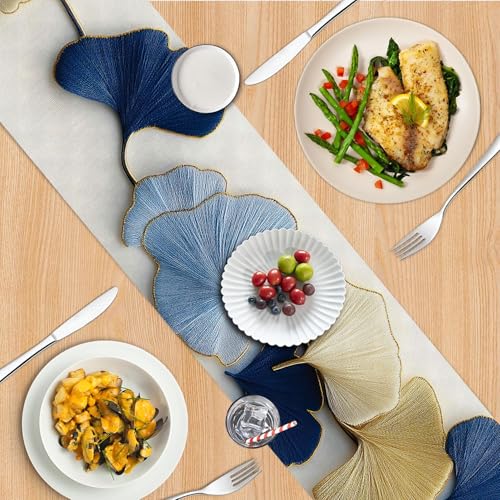 Ginkgo Leaf Table Runner & Placemats Set - 1 Runner + 6 Placemats - Modern Minimalist Gold Accents - Variation 98