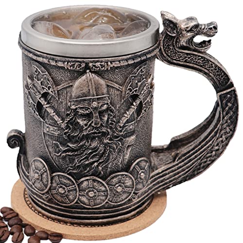 Medieval Viking Tankard Mug Drakkar Warrior Stainless Steel Beer Stein - 18OZ
