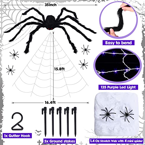 Outdoor Halloween Spider Web Lights Set - 135 LED Purple Lights & Giant Spider