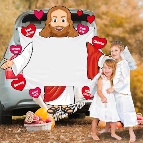 Religious Car Trunk Decorations Kit for Halloween - Jesus Backdrop & Scripture Cards