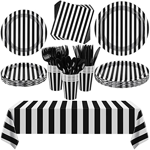 Black and White Striped Party Supplies Set - 113 Pieces for Halloween, Birthday, Wedding