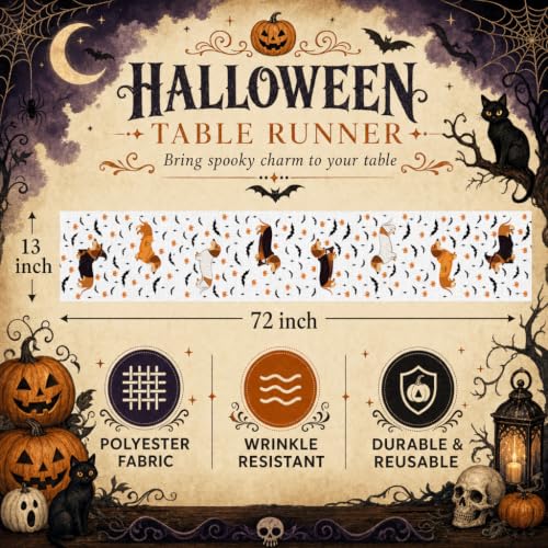 Halloween Dachshund Dog Burlap Table Runner - 13x72 Inch Seasonal Kitchen Decor