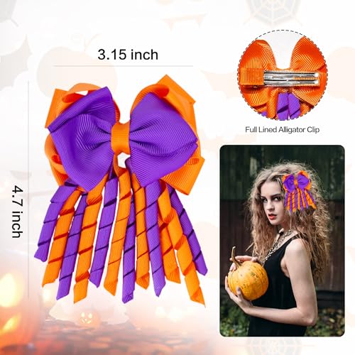 Halloween Hair Bows for Girls - Curly Ribbon 3-Layer Clip with Orange & Purple Variation