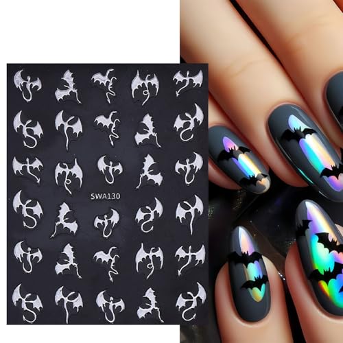 Halloween Nail Art Stickers - Gold Silver Bat 3D Self-Adhesive Decals for Manicure