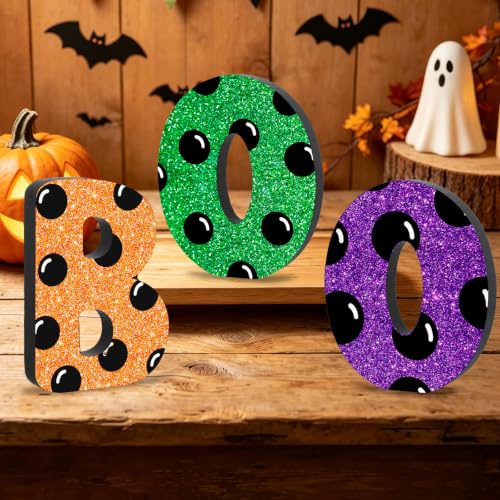 Halloween Wooden Boo Signs Set - Dot Shiny Variation, 3 Pcs Table Decor