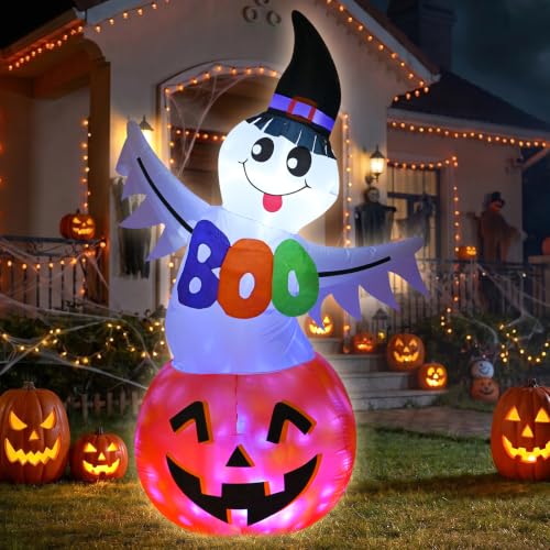 Halloween Inflatable Ghost Pumpkin with Witch Hat & Boo Sign - 6 FT - Kid-Friendly Yard Decor - Variation: Ghost Pumpkin