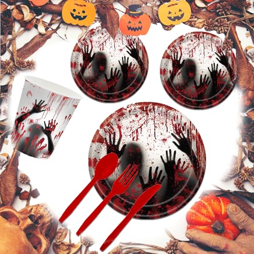 Bloody Halloween Party Dinnerware Set for 24 Guests - Zombie Horror Plates & Napkins