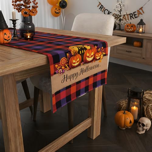 Halloween Checkered Table Runner with Spooky Design - Fall Kitchen Decor - Halloween Party Favors - Variation: Halloween Plaid