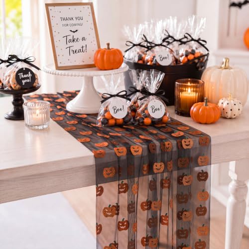 Halloween Pumpkin Table Runner Set - Black Tulle with Jack-o-Lanterns, 4 Pieces, 29x70 Inches - Pumpkin Variation