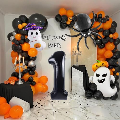 Halloween Balloons Set - 5 Pcs Ghost, Spider, Pumpkin & Number 1 Decorations - Black & Purple Theme