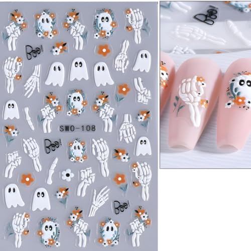 Halloween Nail Stickers Ghost & Spider Web Design - Colorful 1, 4 Sheets