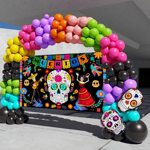 Dia De Los Muertos Balloon Arch Kit with Large Backdrop Banner - 162PCS Halloween Fiesta Decor