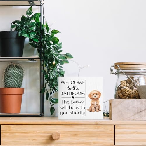 Funny Dog Sign Cavapoo Bathroom Decor - Welcome to The Bathroom Wooden Box Sign - Cavapoo Variation