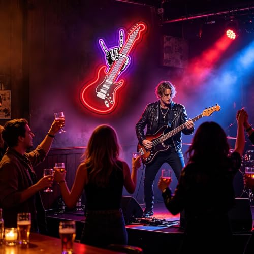 Red Guitar Neon Sign with Rock Hand - USB Powered LED Wall Decor for Music Rooms