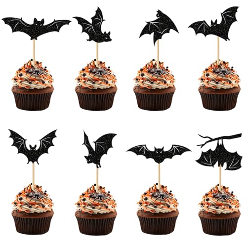 Glitter Bat Halloween Cupcake Toppers Set - Black Bat Picks, 24 Pack with Variation