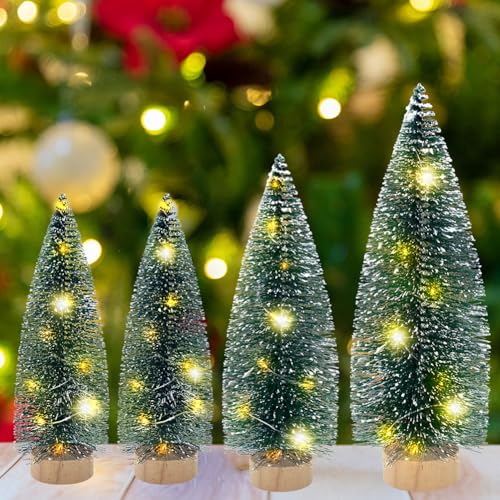 Mini Christmas Tree with Lights Set of 4 - Bottle Brush Trees with Wooden Base