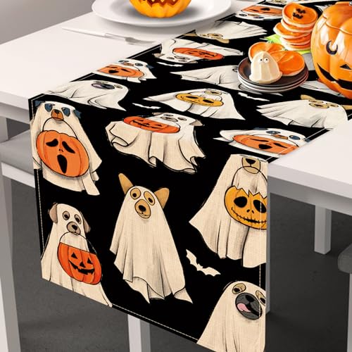 Halloween Ghost Dog Table Runner 13x120 Inches - Spooky Jack O Lantern Decor