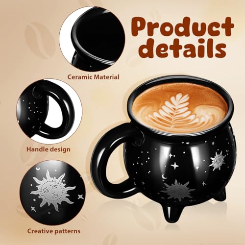 Black Ceramic Cauldron Mug 450ml - Celestial Sun & Moon Coffee Cup, Quirky Goth Drinkware