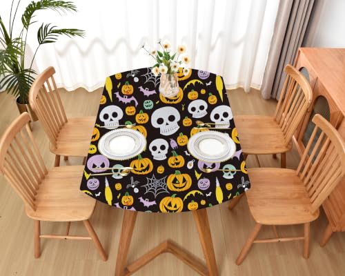 Halloween Pattern Fitted Oval Tablecloth 42x60 Inch Stretchy Spandex Skull Design - Black