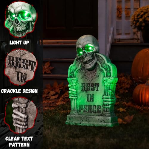 Halloween Animatronic Tombstone with Skull & Pillars - Green Light & Creepy Sound Effects - RIP Cemetery Prop - Variation: Tombstone Green