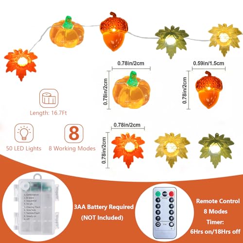 Autumn Thanksgiving Fairy String Lights 16.7Ft 50 LED 3D Pumpkin & Leaf Decor