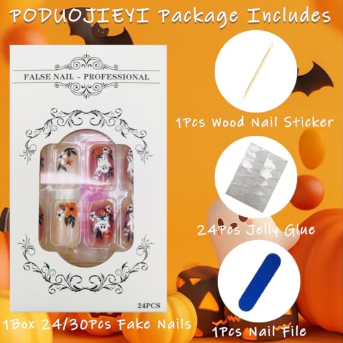 Halloween Ghost Press On Nails Medium Square Set - Cute Ghost Flower Pumpkin Design, Reusable 24Pcs for Women & Men