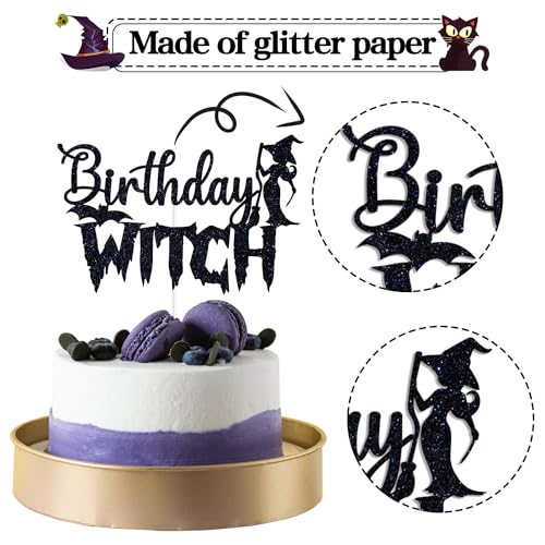 Black Glitter Birthday Witch Cake Topper Halloween 20th 30th 40th 50th Celebration Decor