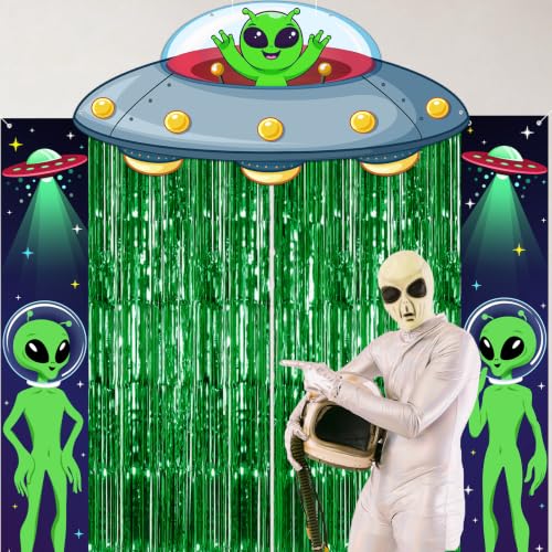 Alien Party Decorations Set - UFO Banner, Green Fringe Curtains & Alien Signs