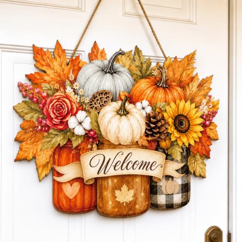Fall Wooden Pumpkin Door Hanger - Welcome Sign for Front Door - Fall1