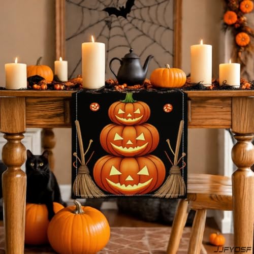 Halloween Table Runner - Stacked Jack-O'-Lantern Pumpkins with Witch Broom Design, 13x72 Inch, Fall Home Decor - Pumpkin & Broom Variation
