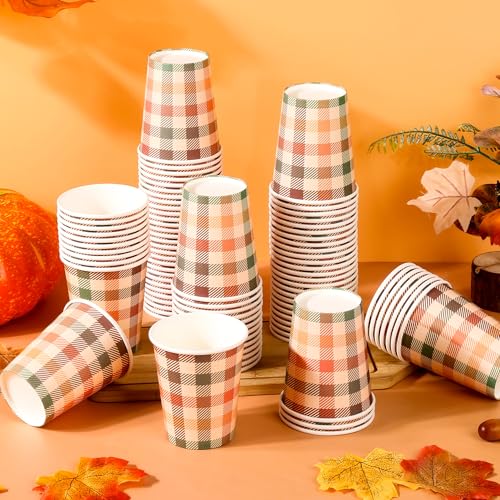 Fall Plaid Paper Cups 9oz - Thanksgiving Orange Green Checkered Party Cups - 100 Pack