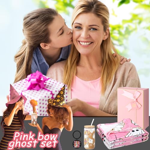 Retro Halloween Ghost Gift Set - Pink Ghost Flower Glass, Flannel Blanket & Keychain