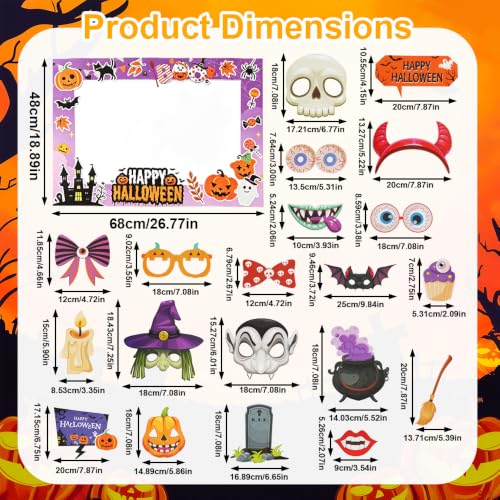 Halloween Photo Booth Props Set with Selfie Frame - 21 Pieces for Parties