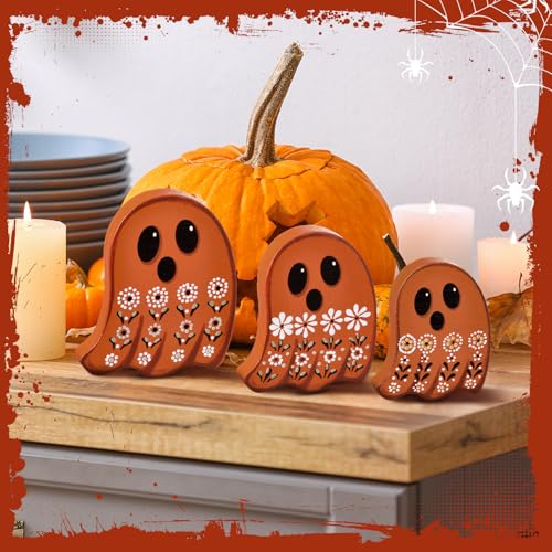 Mexican Ghost Wooden Tabletop Decorations - Halloween Ghost Sign Set, Suzile 3 Pcs