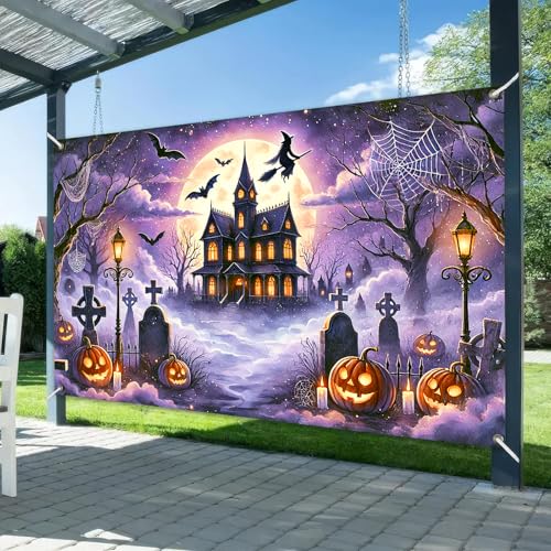 Halloween Backdrop Haunted House Witch Banner 71x43 Inch - Halloween Decor Variation 7