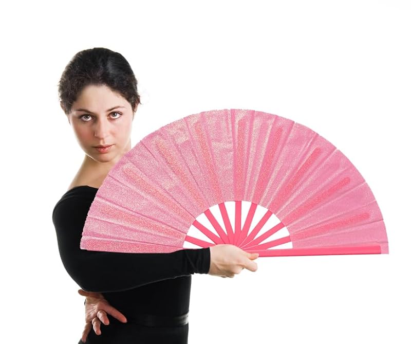 Large Folding Hand Fan Pink Glitter Party Festival Rave Concert Halloween - Light Pink