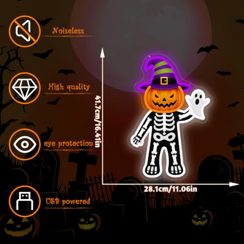 Pumpkin Skeleton Halloween Neon Sign - Ghost LED Wall Decor, Dimmable, USB Powered
