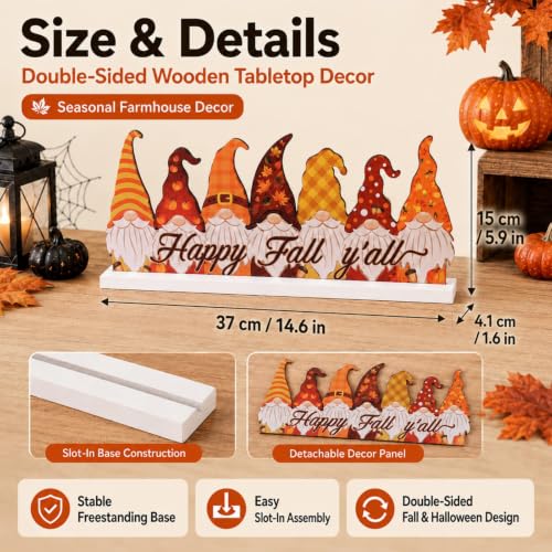 Reversible Fall & Halloween Gnome Sign - Wooden Table Centerpiece with Orange & Purple Variations