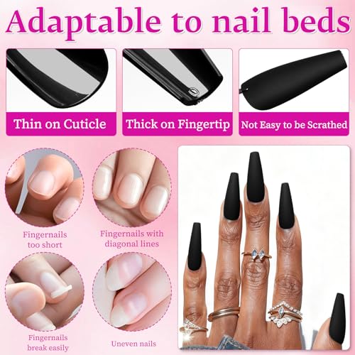 Black Long Coffin Press On Nails Set - 120 Pc Matte Fake Nails with Glue