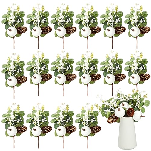 Fall Artificial Pumpkin Picks with Eucalyptus Pinecones & Berries - 16 Pack, 9 Inch Holiday Flower Decorations