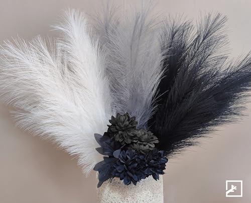 Artificial Pampas Grass Decor Set - Black White Grey 38 Inches, 6 Pieces, Boho Home & Event Decor