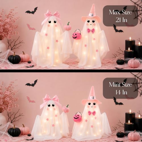 Pink & White Light-Up Halloween Ghost Decor Set of 2 - Adjustable Size Indoor Tabletop Decorations