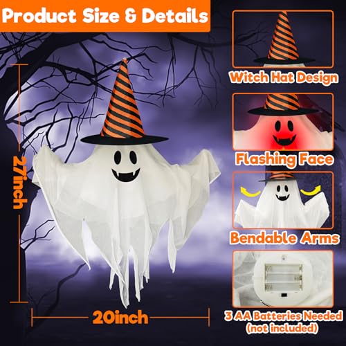 Halloween Ghost Animatronic Hanging Decoration with Sound & Lights - Creepy Ghost with Witch Hat - 20x27 Inch - Battery Operated - Spooky Outdoor Halloween Decor - Variation: Halloween Ghost